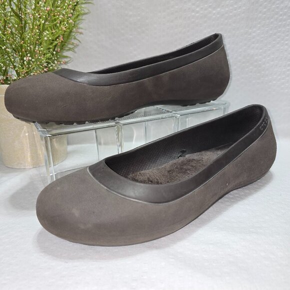 CROCS Shoes - CROCS WOMENS LINA COMFORT BALLET FLATS BROWN FAUX FUR LINING SIZE 8